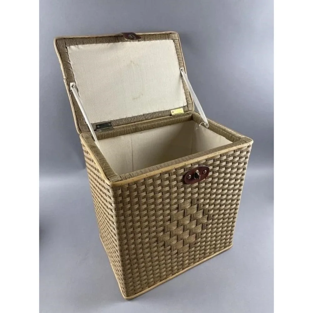 Vintage Woven Laundry Hamper Basket Brown Rattan Look Storage Bin Hinged Lid